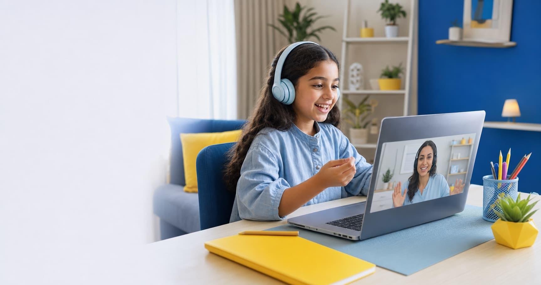 A young student enjoying a live online English lesson