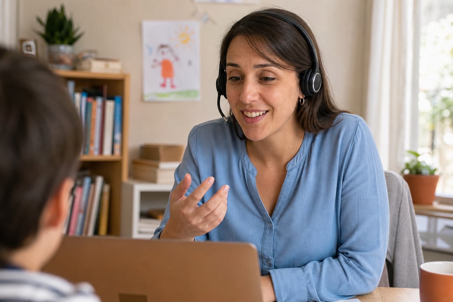 A child speaking with her online English teacher